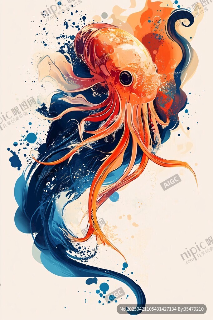 水墨風(fēng)格靈動(dòng)章魚(yú)插畫(huà)