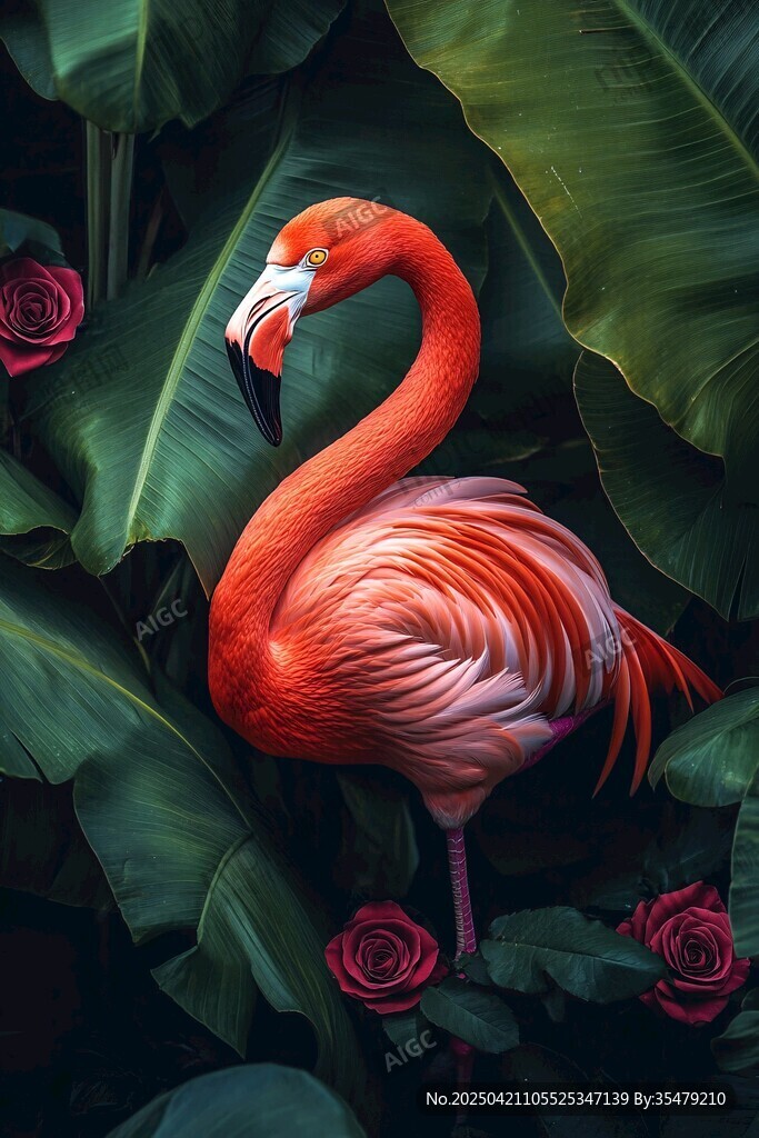 火烈鳥于花葉間優(yōu)雅佇立