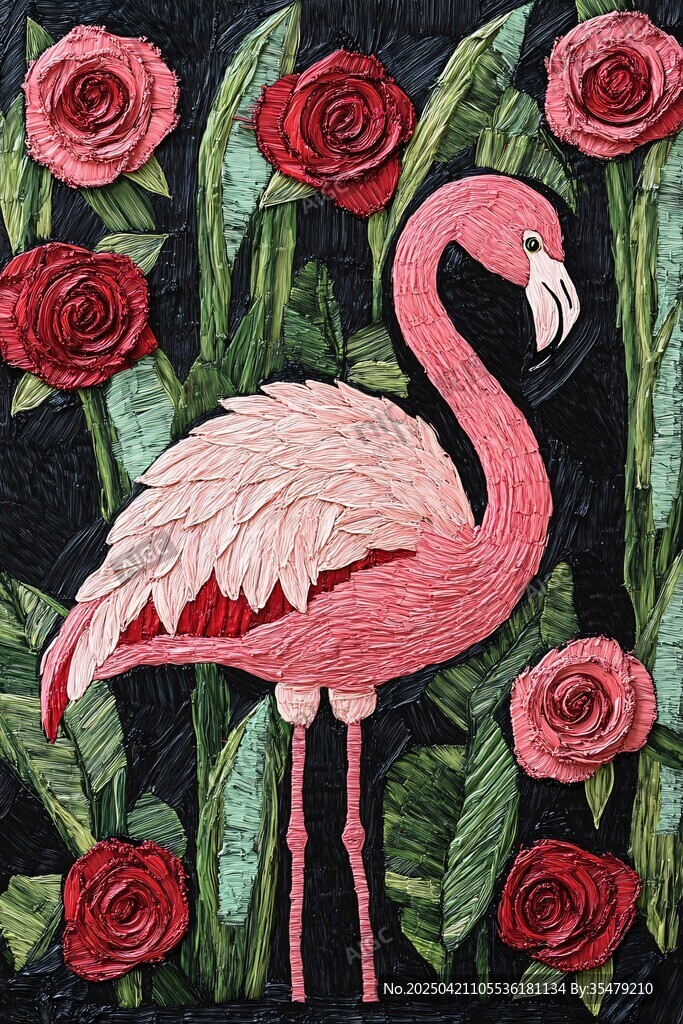 火烈鳥(niǎo)與玫瑰的夢(mèng)幻刺繡