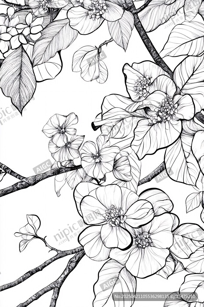 花卉枝葉黑白線稿插畫