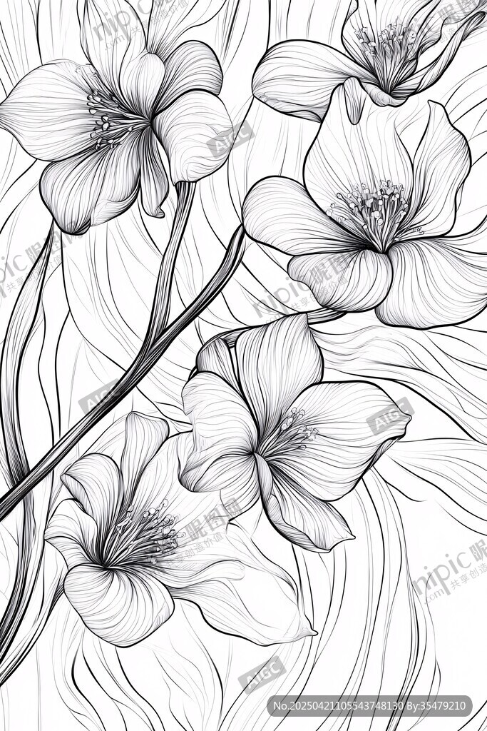 黑白花卉線條藝術插畫