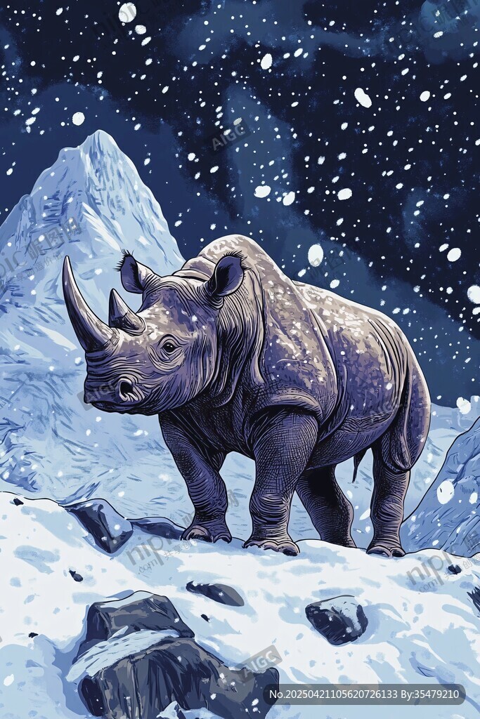 雪地中的獨(dú)角犀牛