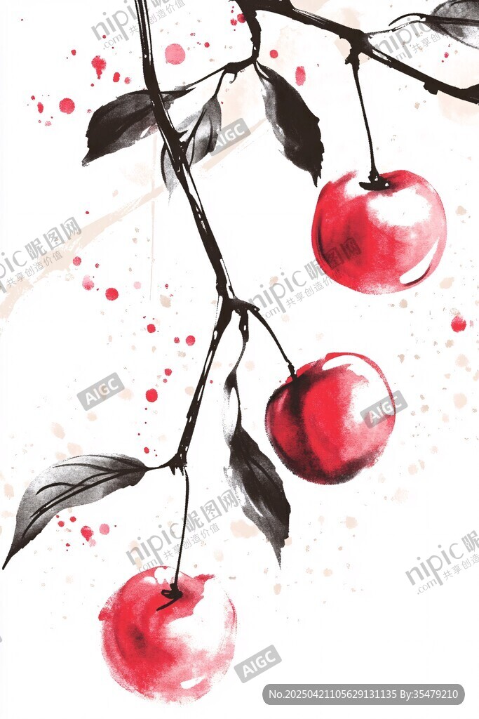 水墨風(fēng)枝頭紅果寫意畫