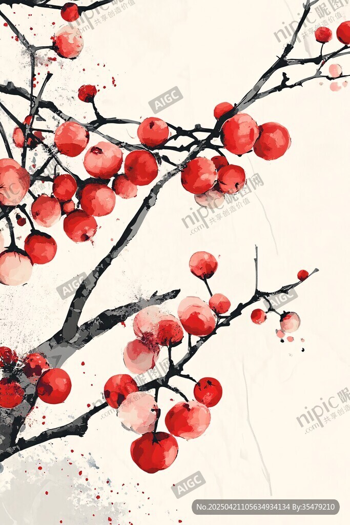 水墨紅果枝頭俏