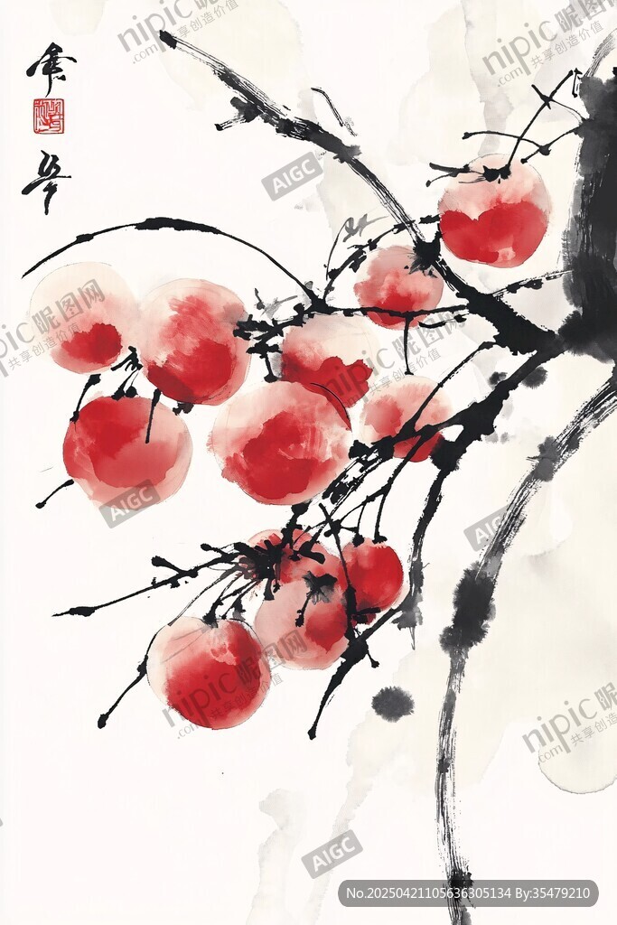 水墨紅柿圖