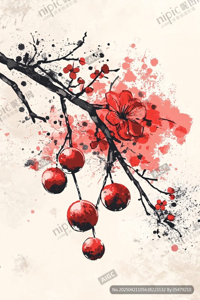 水墨紅梅枝頭碩果