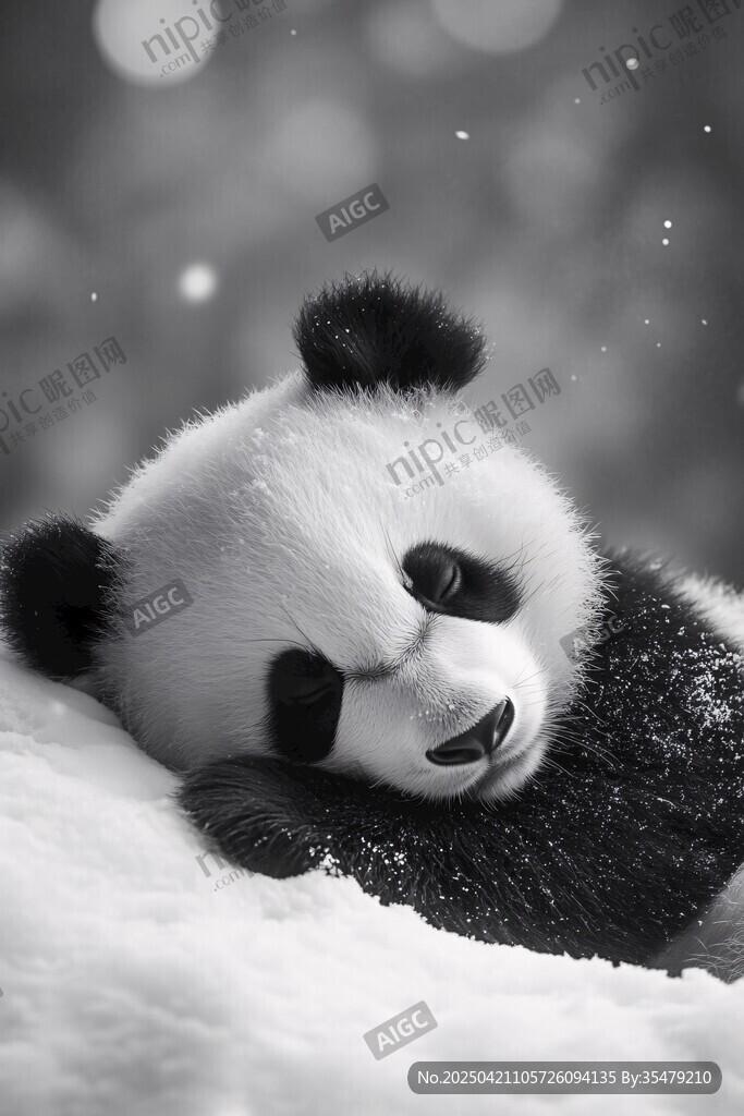 雪地中休憩的可愛大熊貓