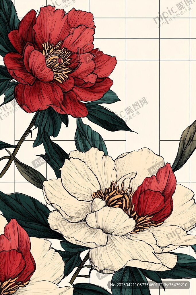 復(fù)古風(fēng)紅白牡丹花插畫