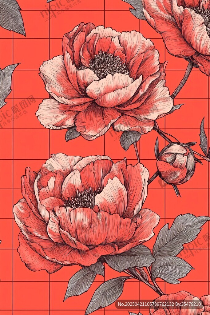 紅色方格背景上的精美牡丹