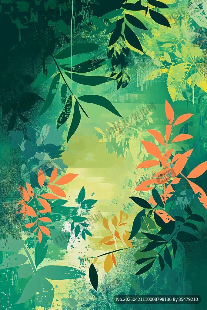 夢幻叢林綠葉插畫