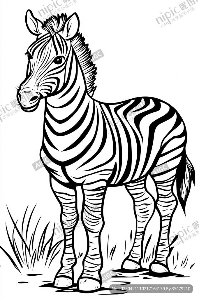 站立的斑馬黑白線條插畫