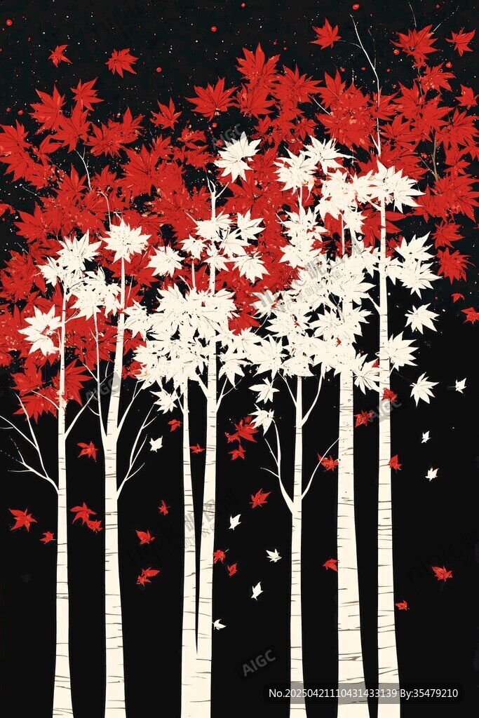 秋夜楓林黑白紅三色景