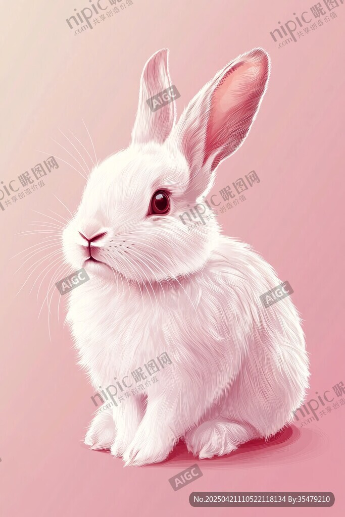 可愛白兔坐于粉色背景