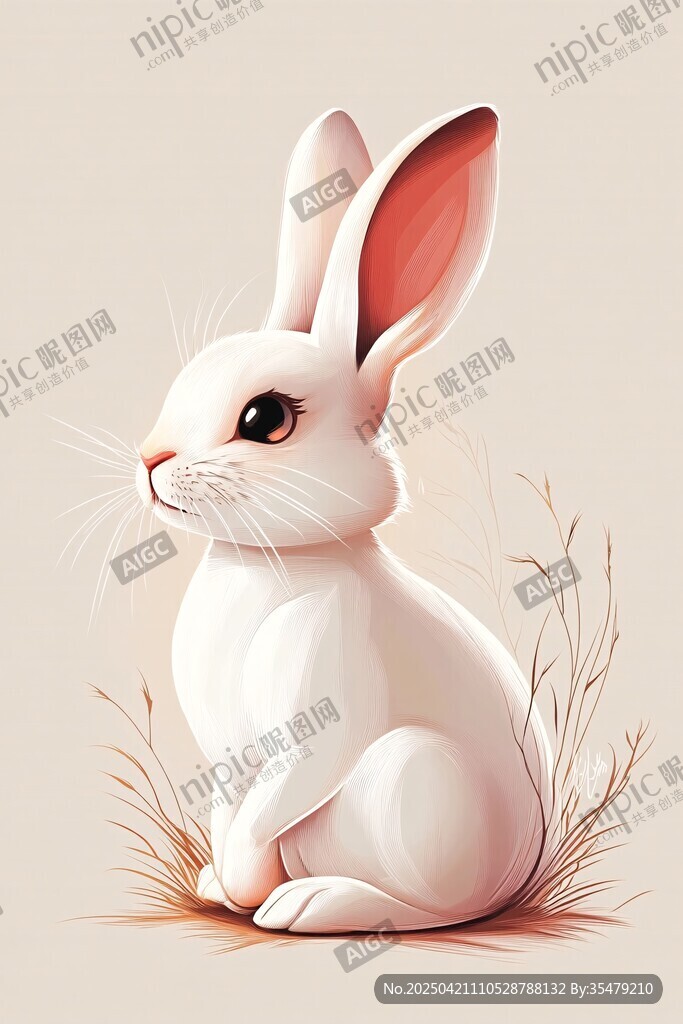 可愛白兔坐于草叢中