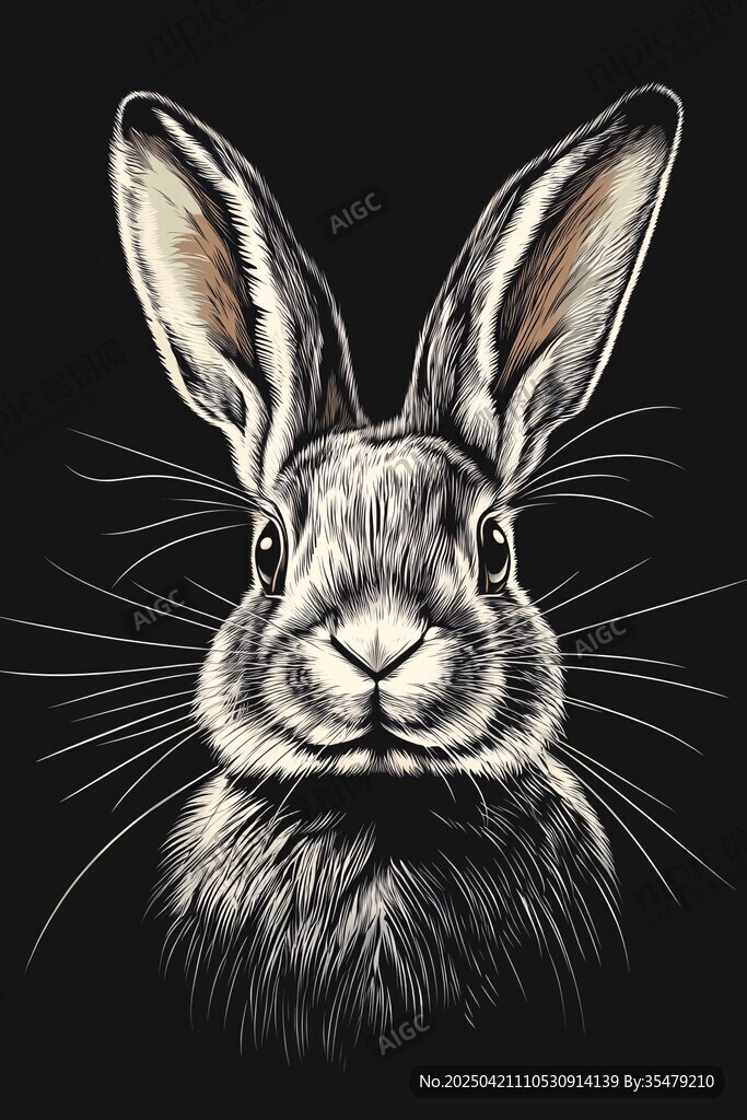 黑白風兔子肖像插畫