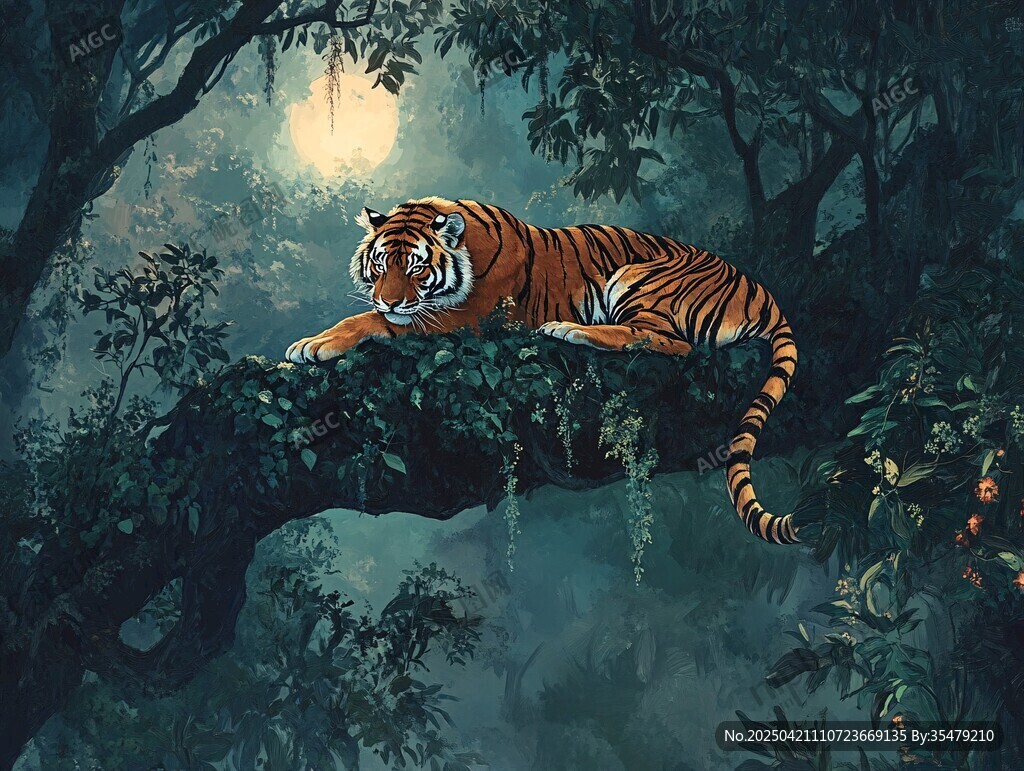 月夜下休憩的叢林猛虎