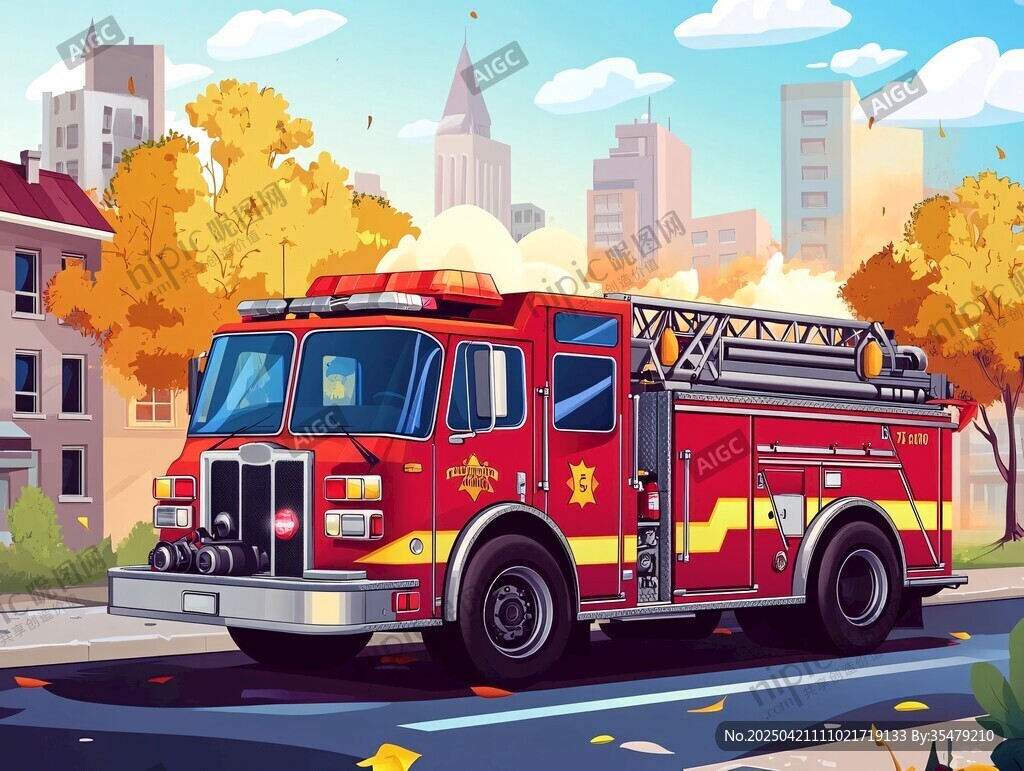 城市中的紅色消防車