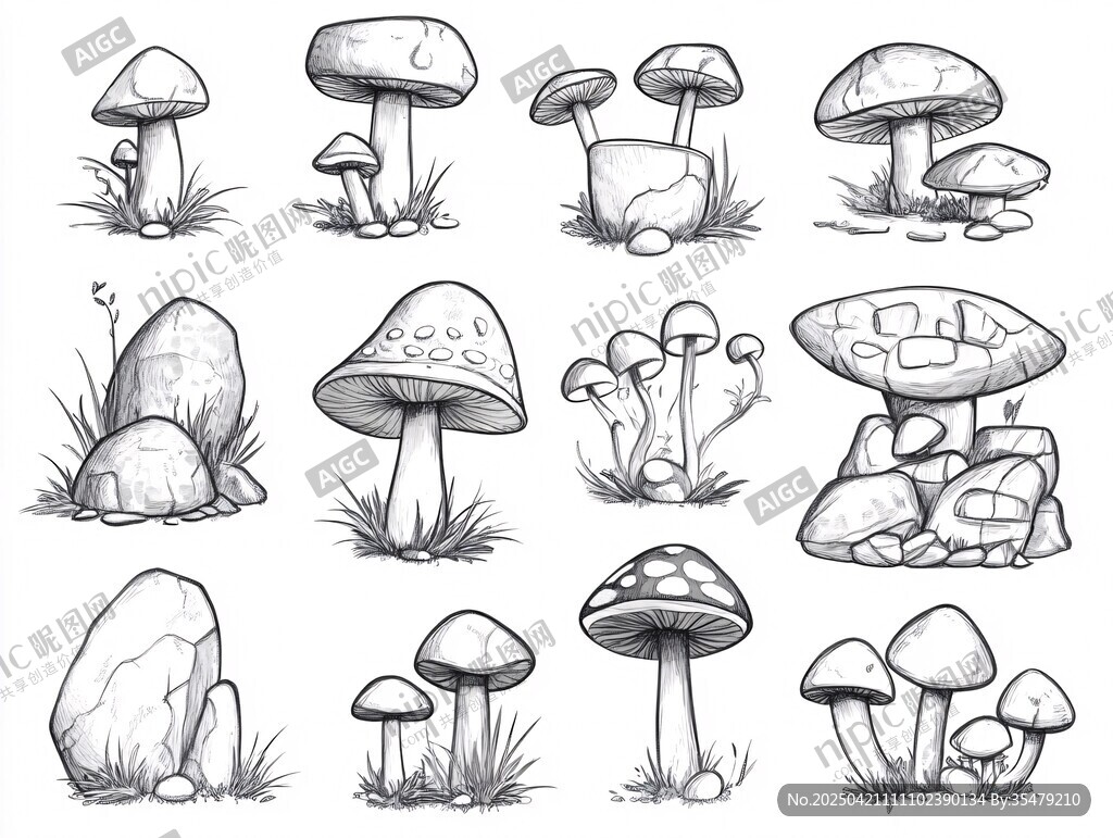 手繪蘑菇與石頭插畫集合
