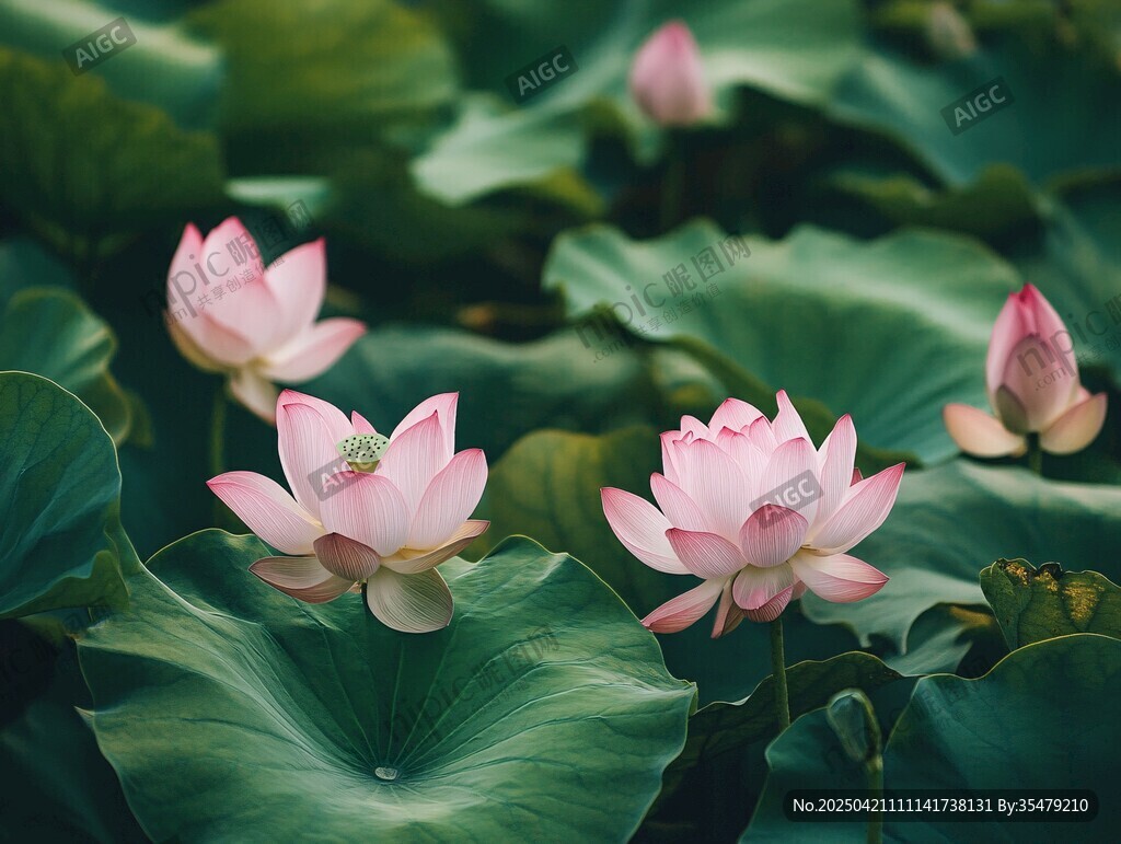 粉色荷花綻放于綠葉間