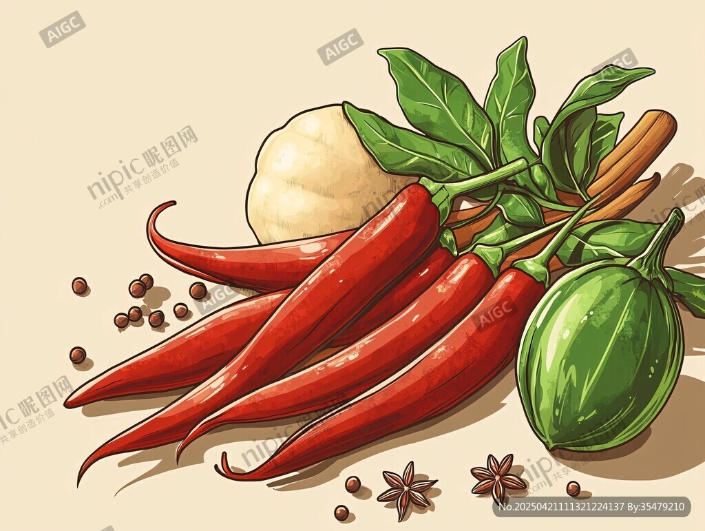紅辣椒與多樣香料插畫