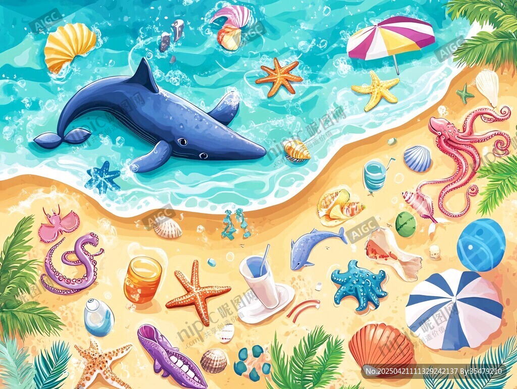 夏日海灘海洋生物歡樂場景