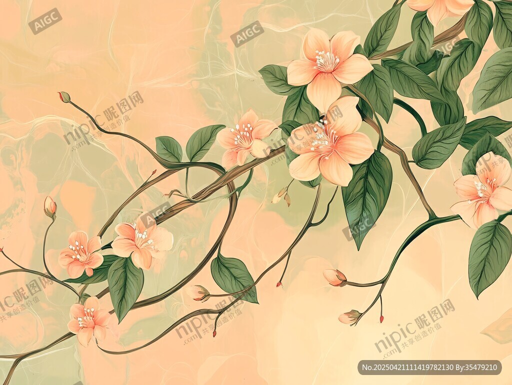 春日桃花枝插畫