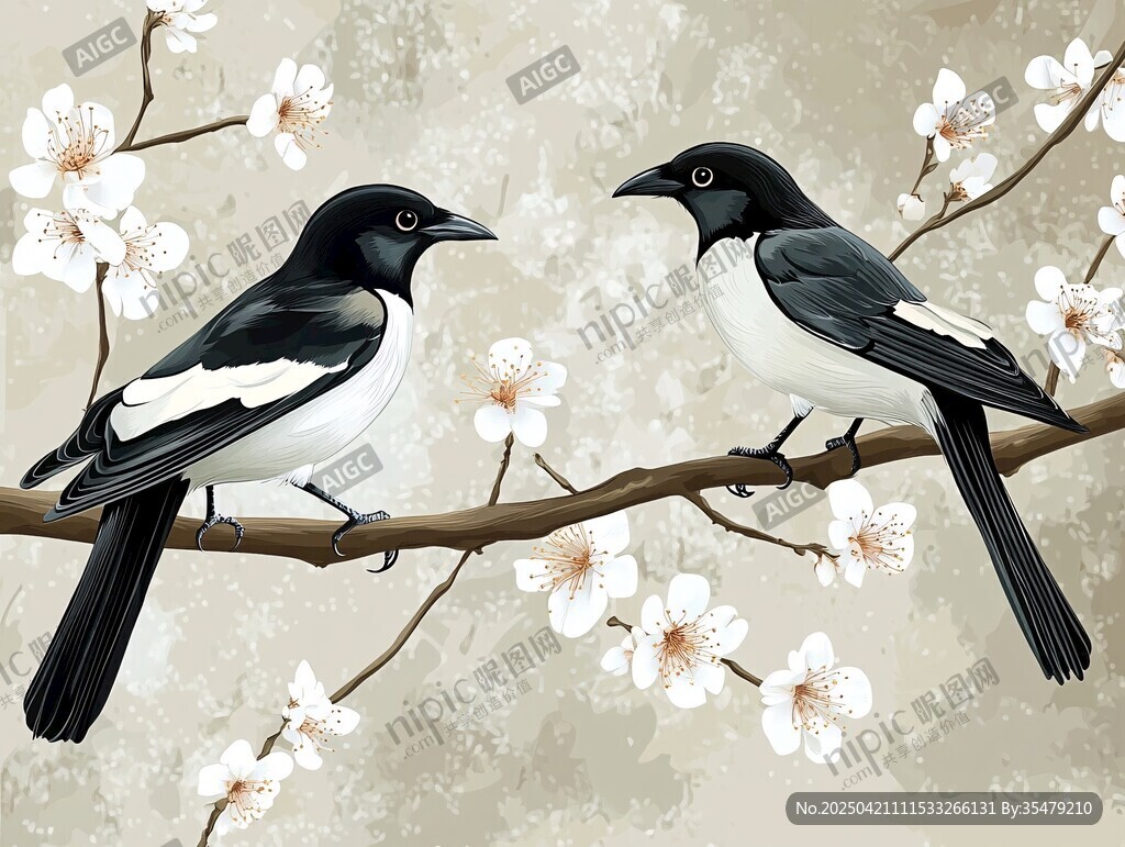 枝頭雙鵲鬧 春花相伴