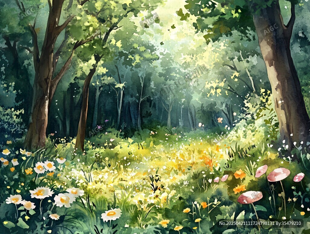 陽光灑落的夢幻森林花田