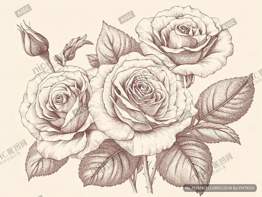復古素描風綻放的玫瑰花