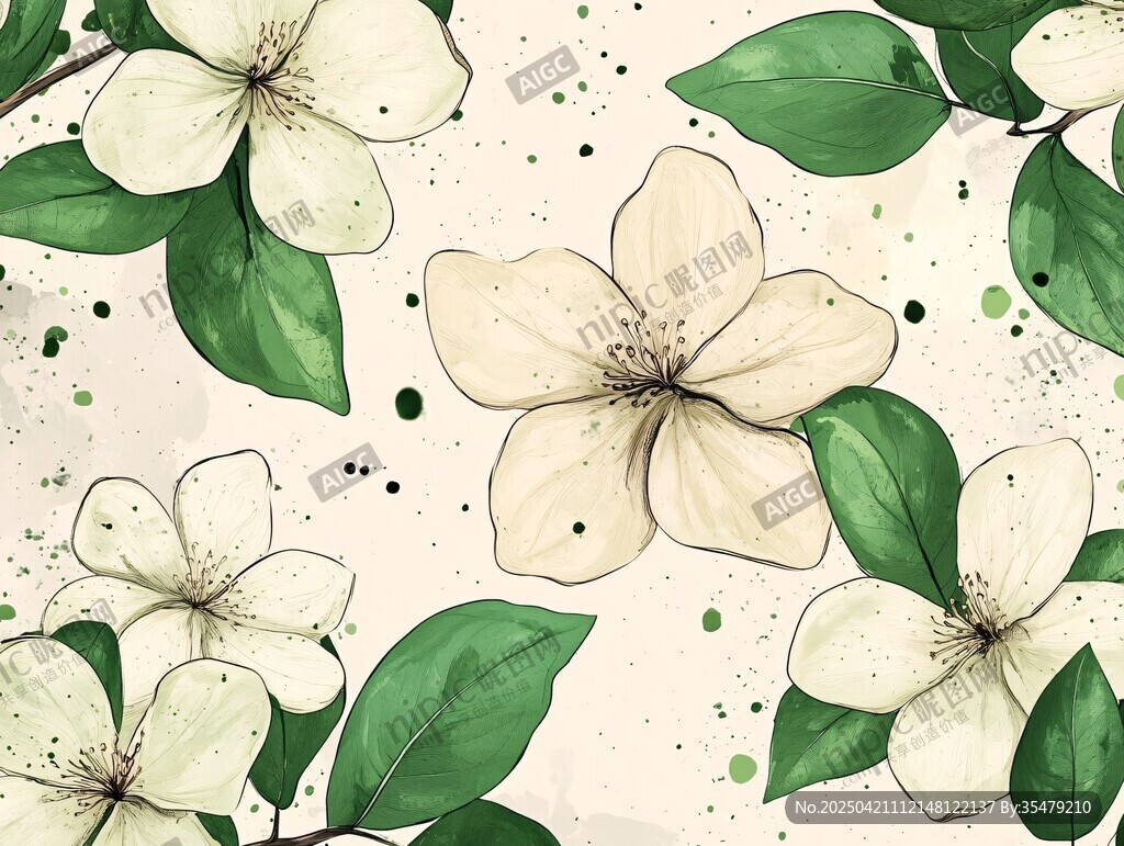 手繪白花綠葉清新圖案