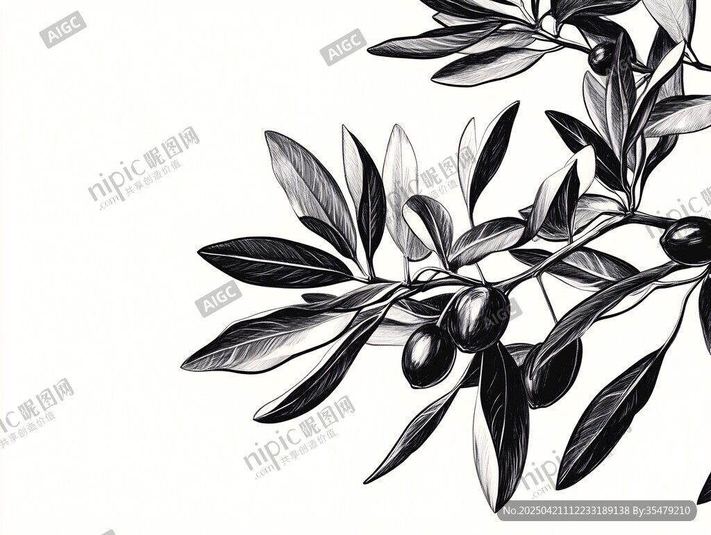 黑白橄欖枝插畫特寫