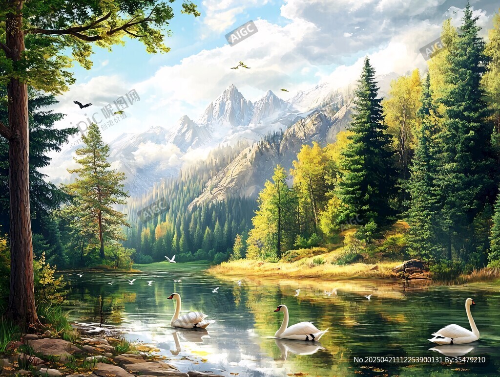 湖畔天鵝與山林美景