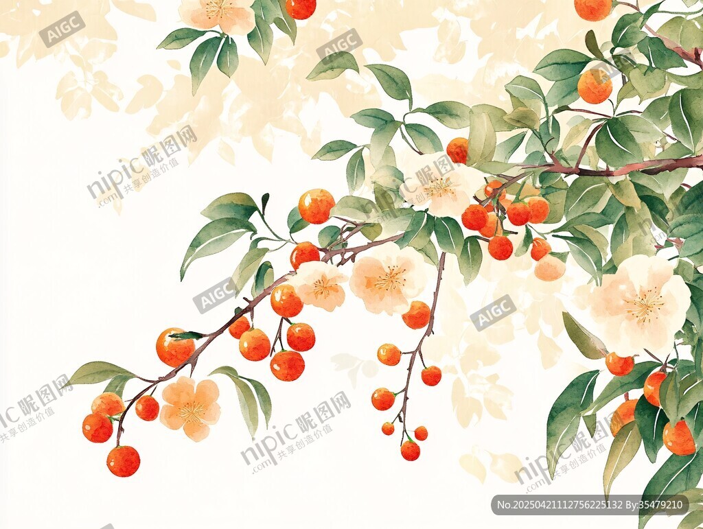 枝頭繁花紅果春意濃