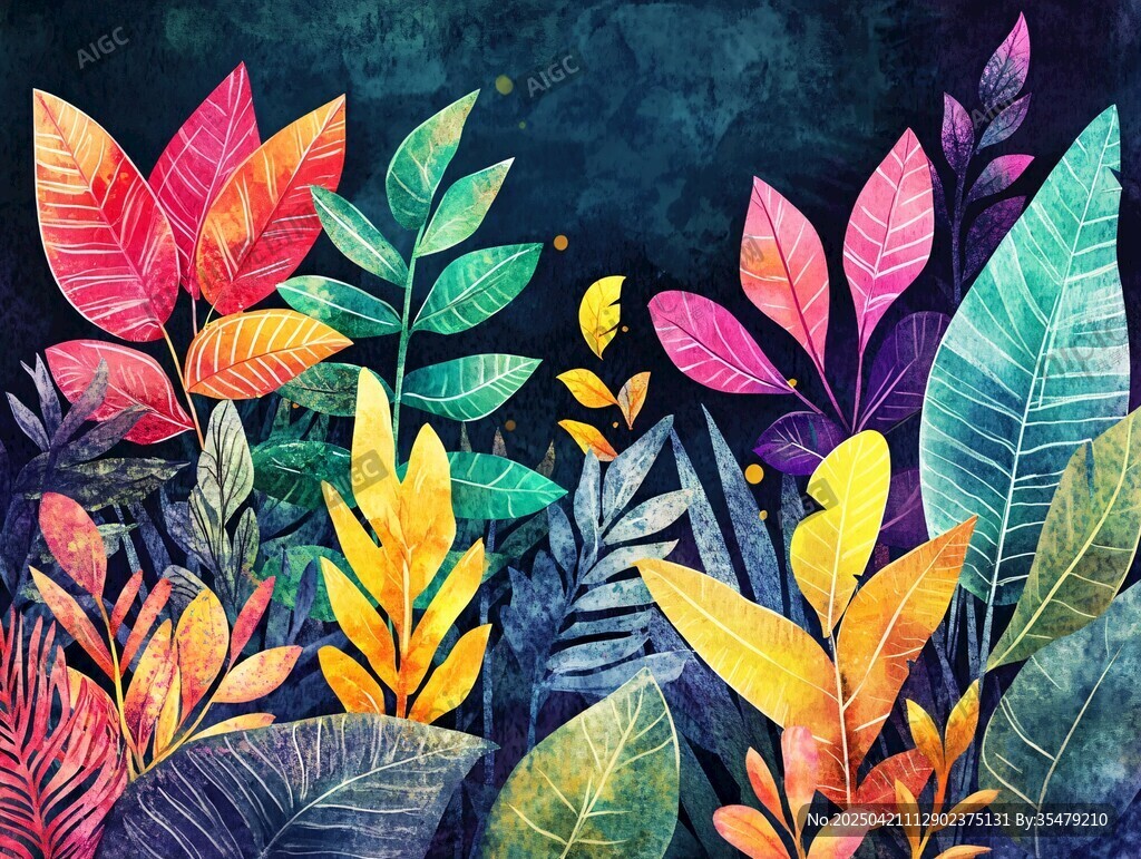 多彩夢幻植物葉片插畫