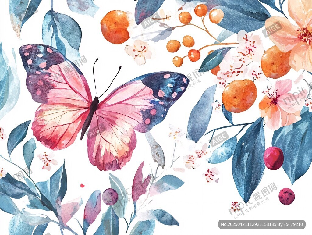 水彩花卉蝴蝶美麗插畫