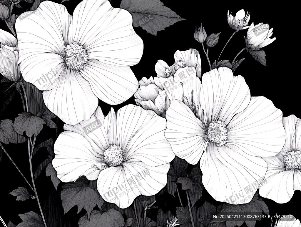 黑白花卉插畫 優(yōu)雅綻放