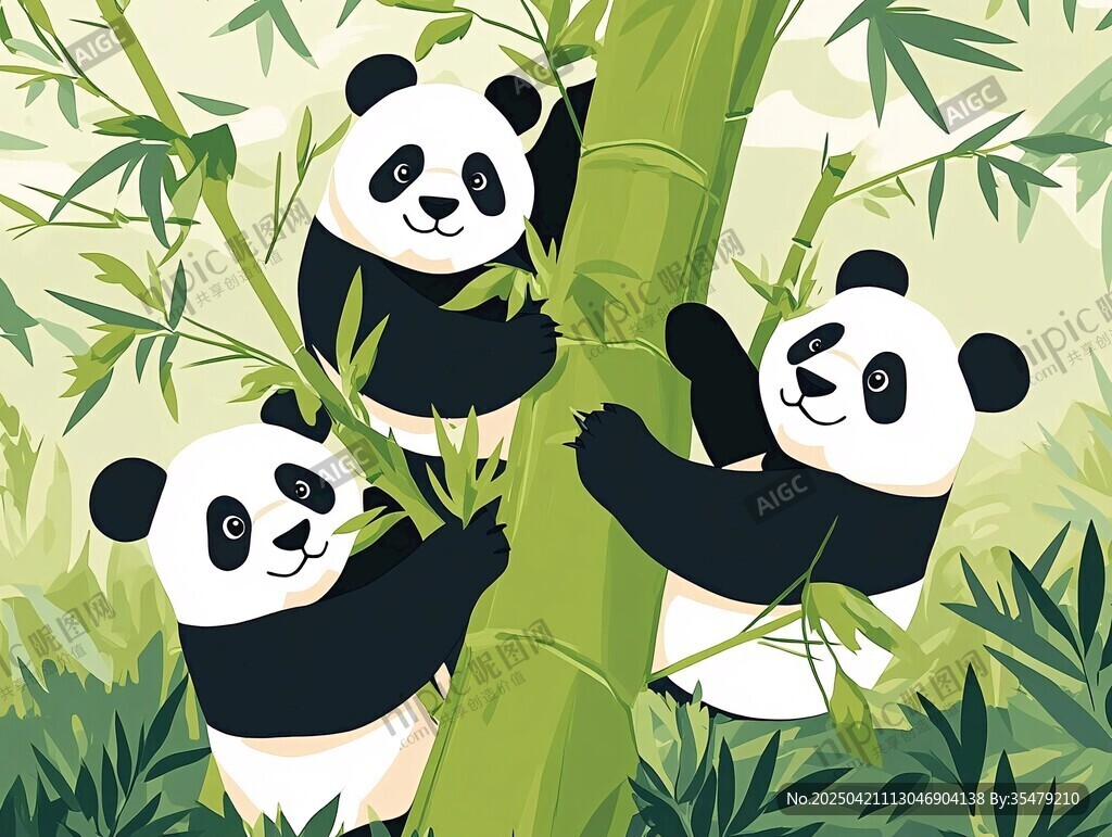 三只熊貓快樂爬竹子