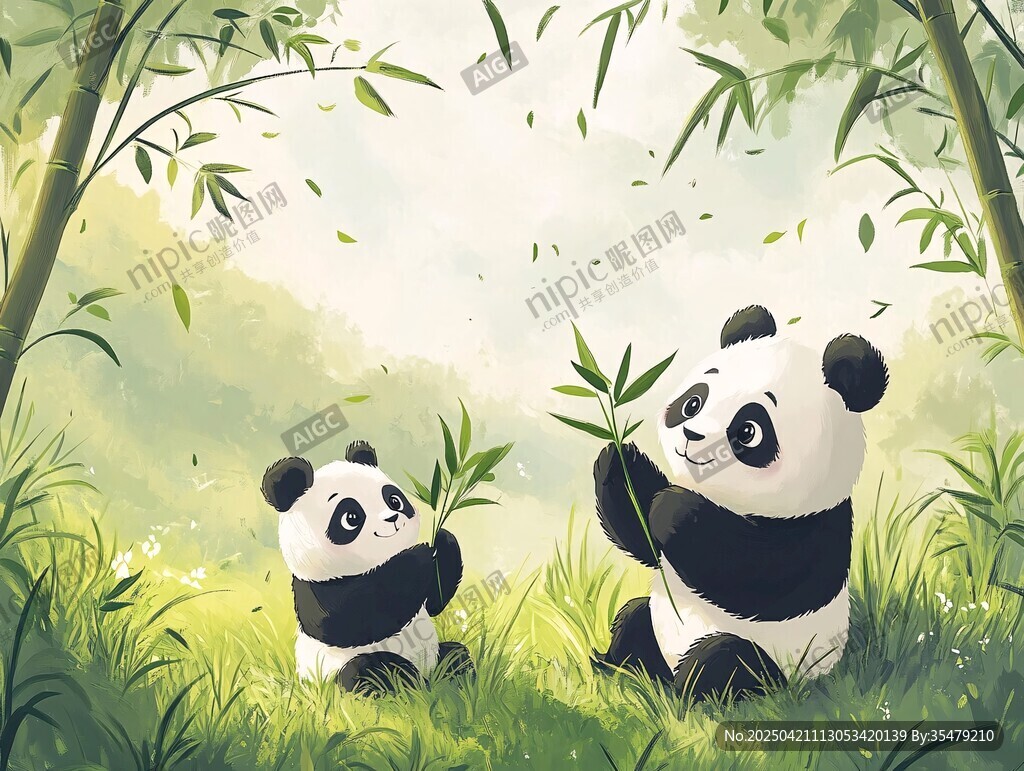 竹林中的熊貓母子