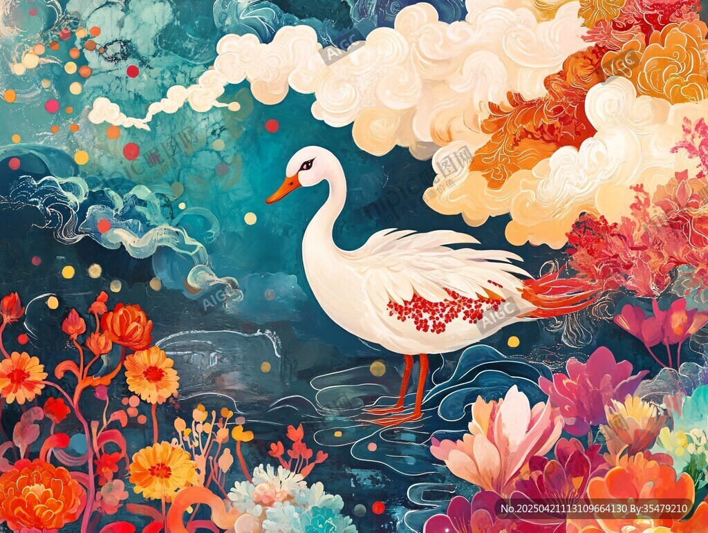 夢幻仙鶴置身繁花云海間