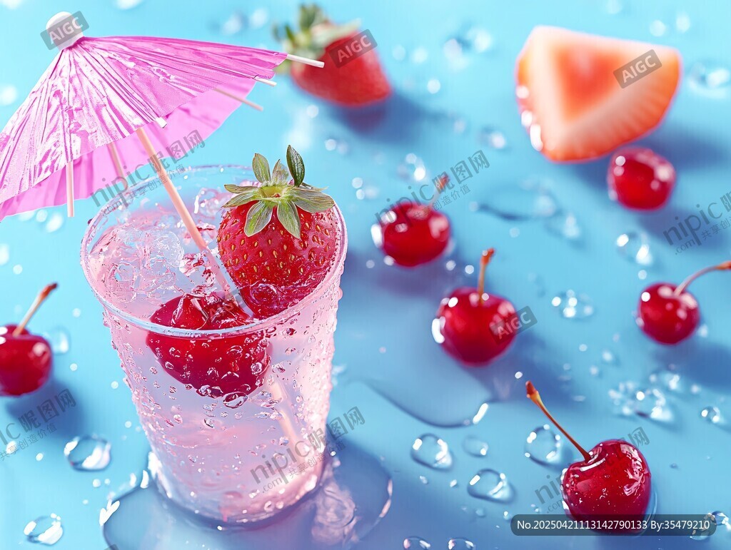 粉色草莓氣泡飲夏日風(fēng)情