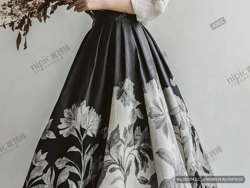 黑白花卉長(zhǎng)裙優(yōu)雅女性風(fēng)采
