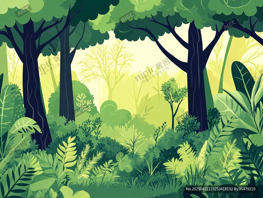 夢幻綠色森林插畫場景