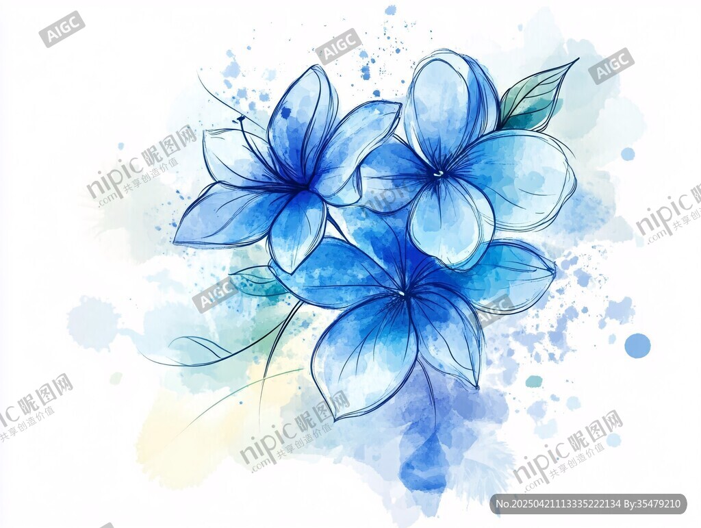 藍色水彩風手繪花卉圖案