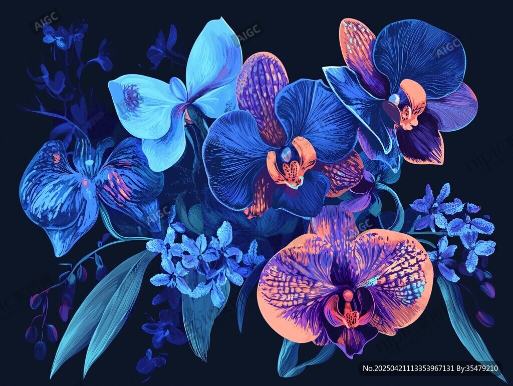 夢幻藍(lán)紫色系蘭花插畫