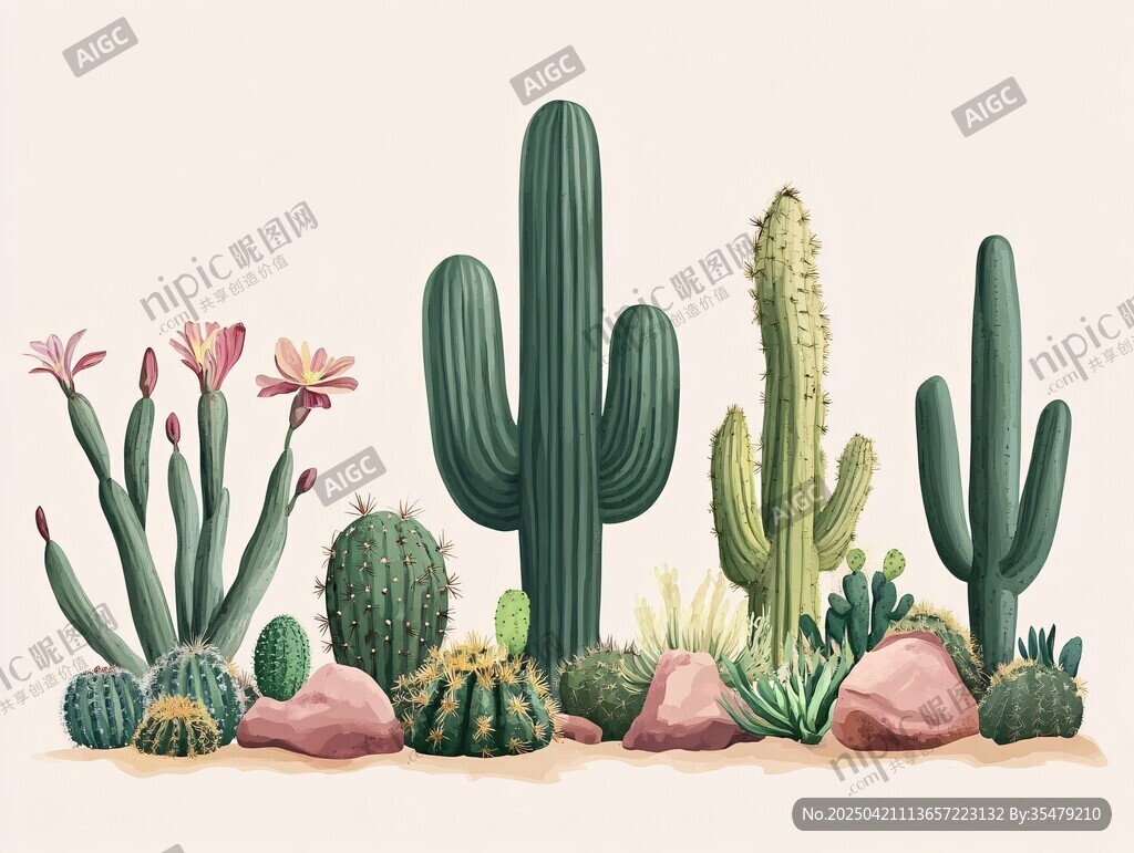 多彩仙人掌植物組合插畫