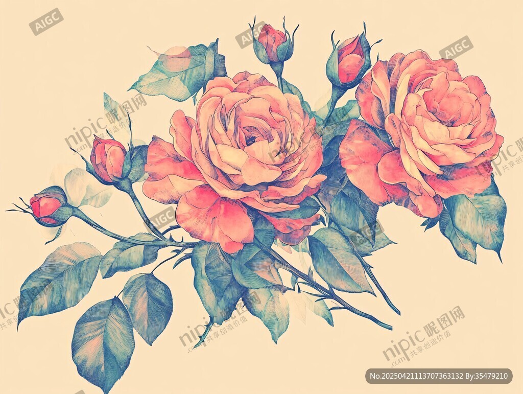 復(fù)古風(fēng)格手繪粉色玫瑰花