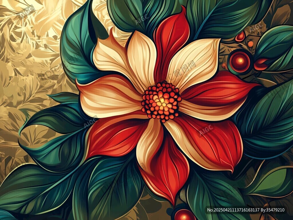絢麗花卉插畫 綠葉伴紅果