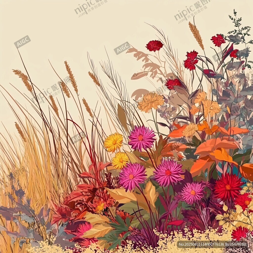 秋日繽紛花卉與野草景觀