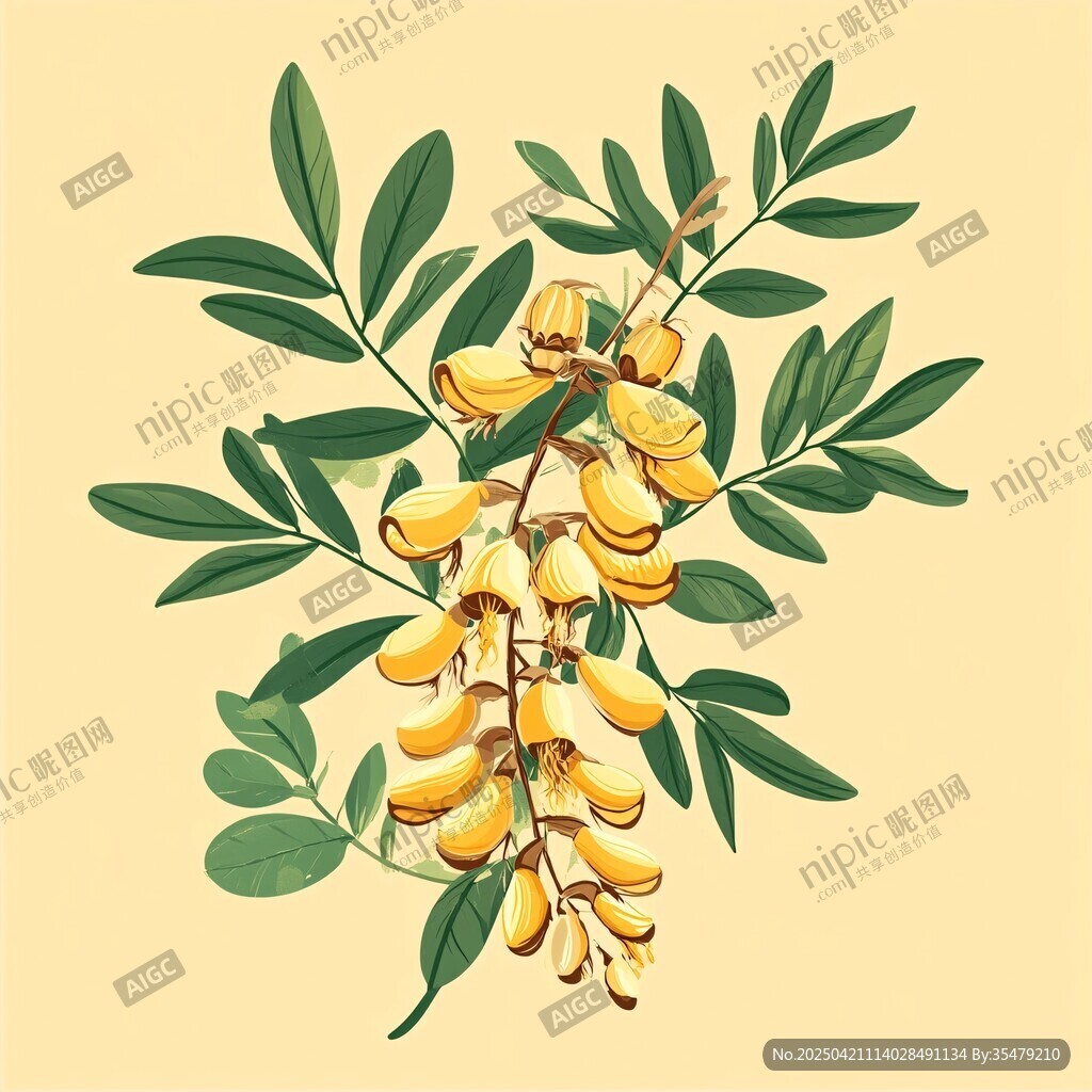 金鏈花插畫 綠葉繁花之美