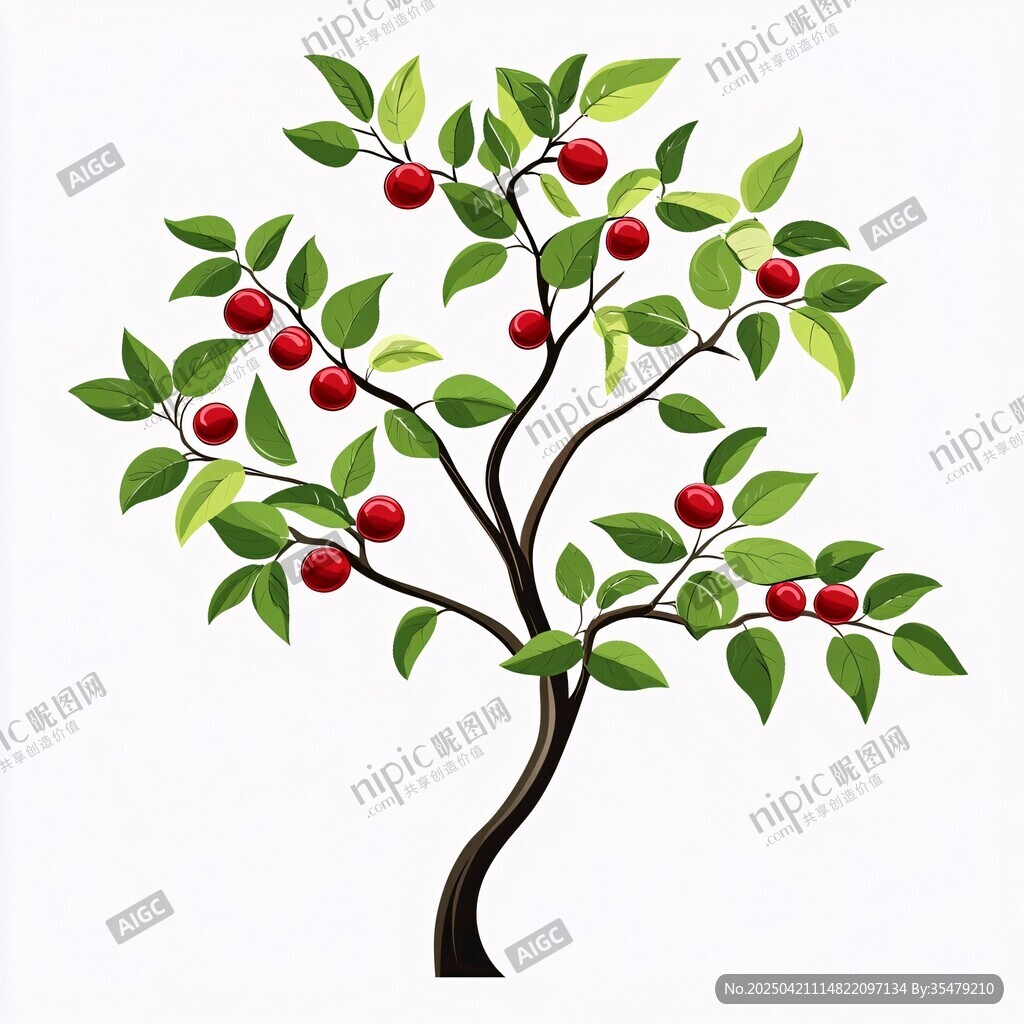 櫻桃樹(shù)插畫(huà) 綠葉紅果點(diǎn)綴